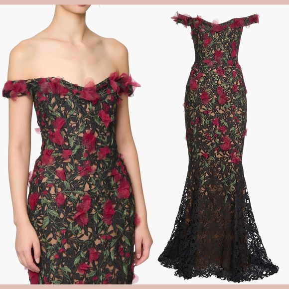 NEW $1095 Marchesa Notte [ 6 ] Guipure Lace Off Shoulder Gown Red Black #J2150 - Picture 3 of 16